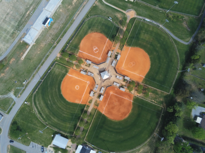 overhead image of 4 baseball fields known as the quad