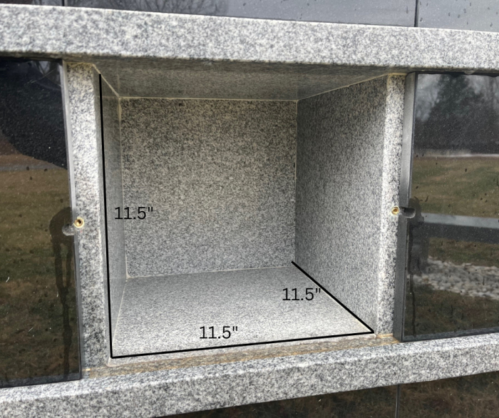 Columbarium niche picture with length, width, and heights measurements (each at 11.5 inches)