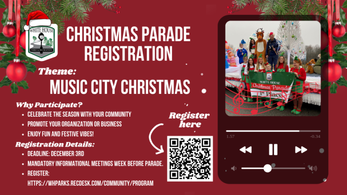 2024 Music City Christmas Parade Registration Ad. Red background with music playlist display including a picture of last years christmas parade decoration winner