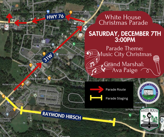 This is a promotional map for the "White House Christmas Parade" happening on Saturday, December 7th at 3:00 PM.